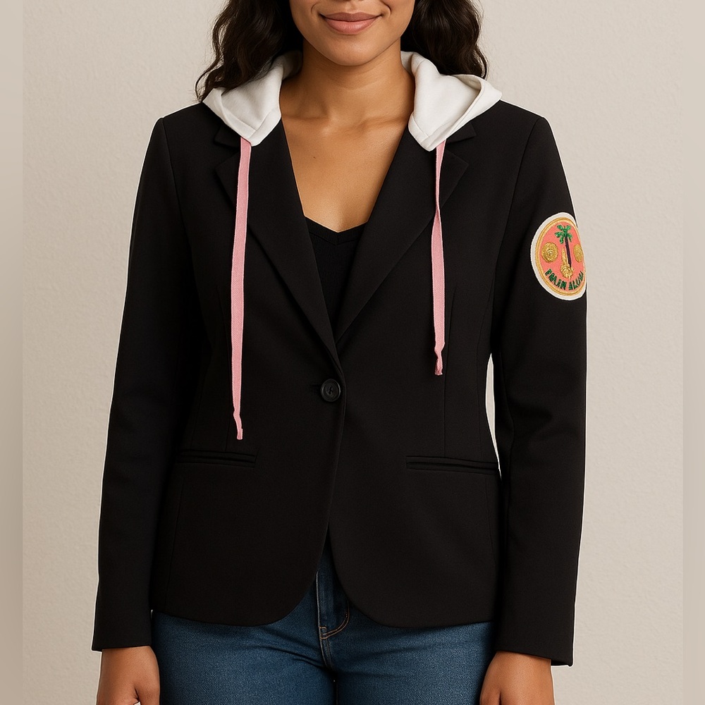 Miller Wendt Chic Hooded Blazer Size L Black White Pink Palm Beach Patch